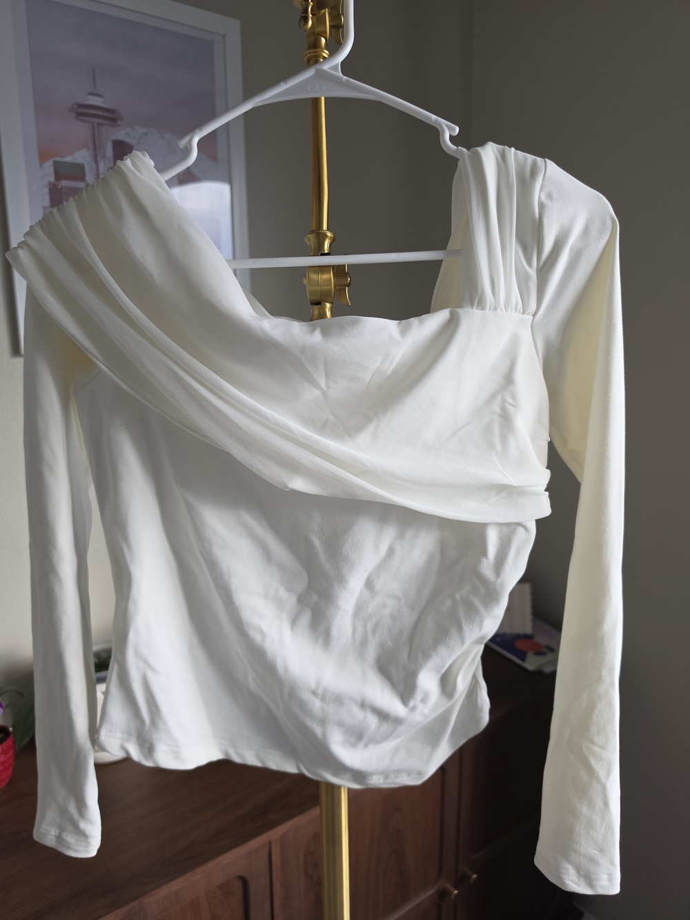 Princess Polly Cream Draped Off-Shoulder Long Sleeve Top